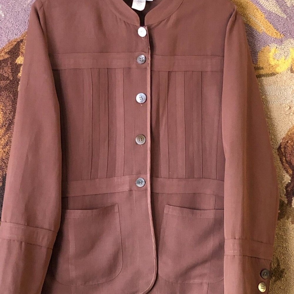 West Palm Sz L Women's Jacket Button Brown Silk/Linen Pockets